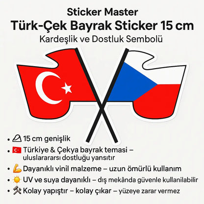 Sticker Master – Türk-Çek Bayrak Sticker 15 cm | Kardeşlik ve Dostluk Sembolü Sticker Master