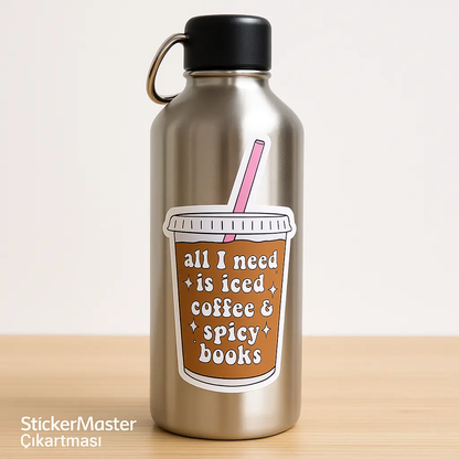 Sticker Master “Tek İhtiyacım Buzlu Kahve & Ateşli Kitaplar” Sticker-3 Adet– 5 cm Su Geçirmez Vinil Çıkartma (Laptop, Kindle, Su Şişesi, Kitap) - Sticker Master