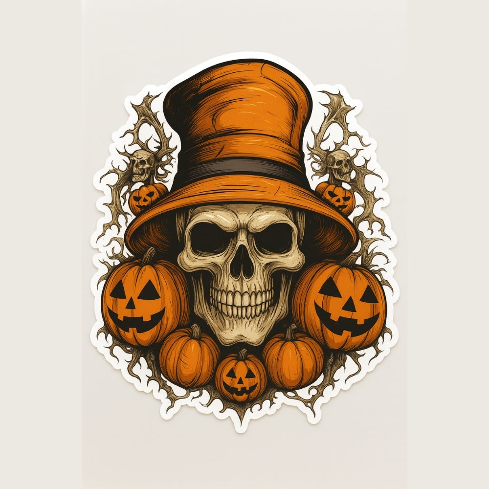 Sticker Master Halloween Skull with Jack' O Lantern Sticker – 8 cm, 12 cm, 20 cm Seçenekli Korku Temalı Etiket
