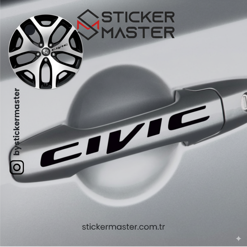 Sticker Master Honda Civic Kapı Kolu Jant Sticker Oto Araç Çıkartma Etiket 8 Adet