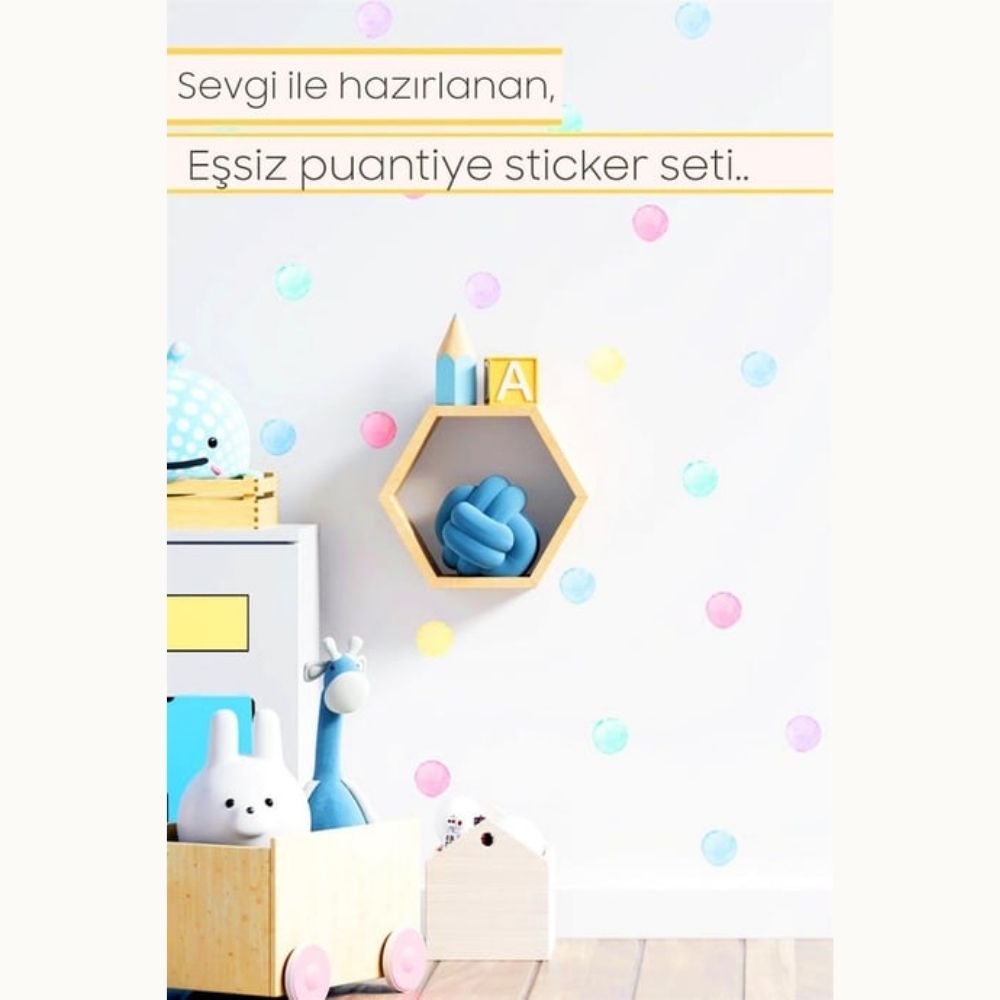 Sticker Master Suluboya Desenli Açık Renkli Puantiye Bebek ve Çocuk Odası Dolap Sticker Yapıştırma Etiket – 96 Adet