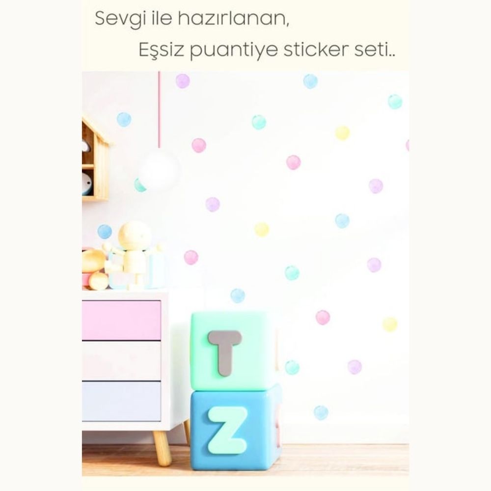 Sticker Master Suluboya Desenli Açık Renkli Puantiye Bebek ve Çocuk Odası Dolap Sticker Yapıştırma Etiket – 96 Adet