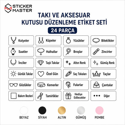 Taki ve Aksesuar Kutusu Duzenleme Etiket Seti 24 Parca icerik