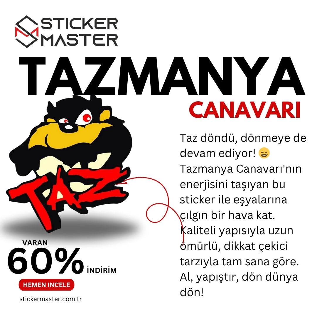 Sticker Master Taz Sticker – Motor, Laptop, Araba, Kask İçin Dayanıklı Etiket 15 cm