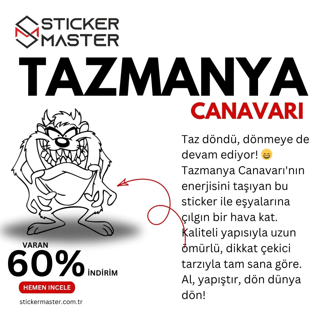 Sticker Master Tazmanya Canavarı Kontur Sticker – 15 cm Siyah Beyaz Çizgi Tasarım