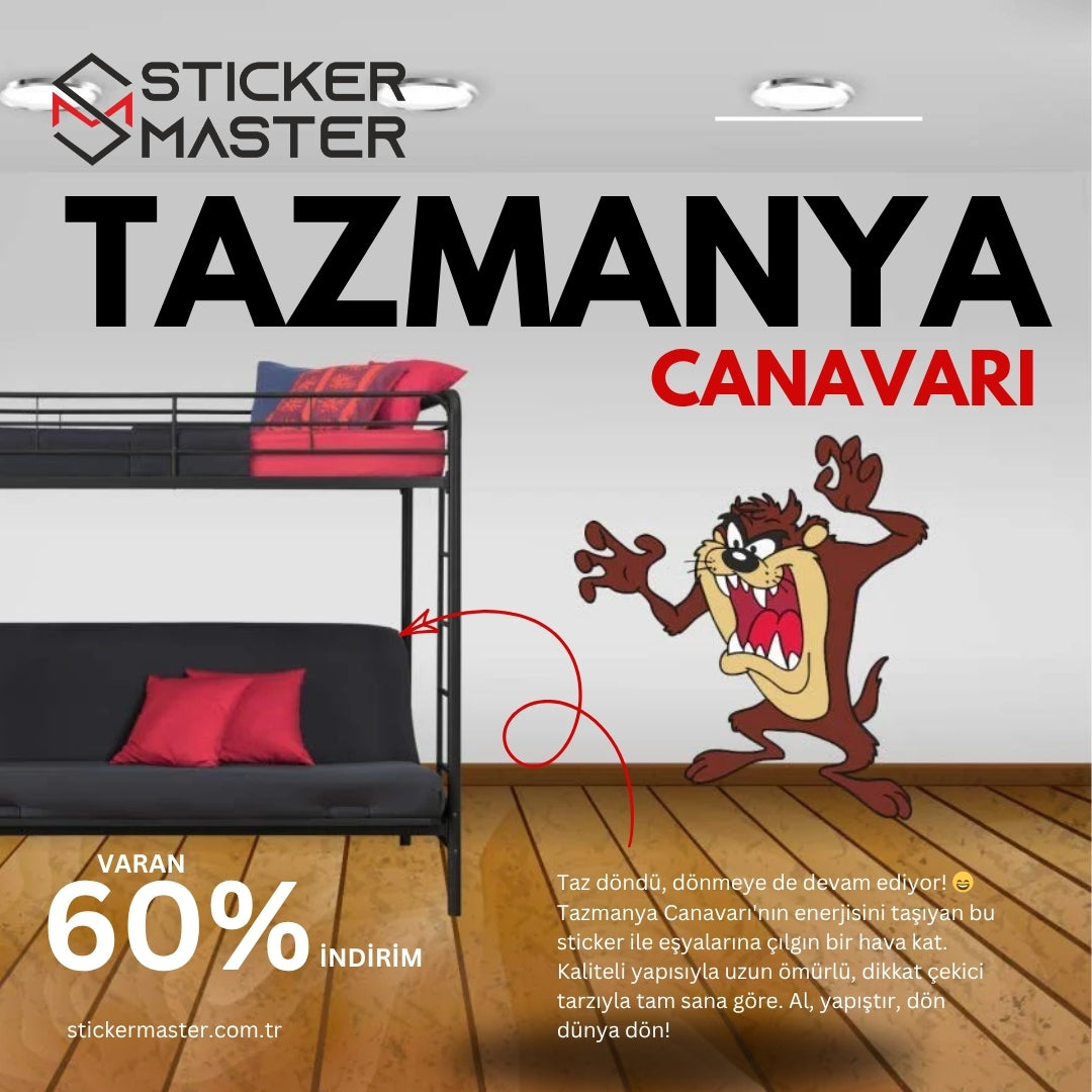 Sticker Master Tazmanya Canavarı Çocuk Odası Duvar Stickerı – 60 cm Dayanıklı Dekoratif Etiket