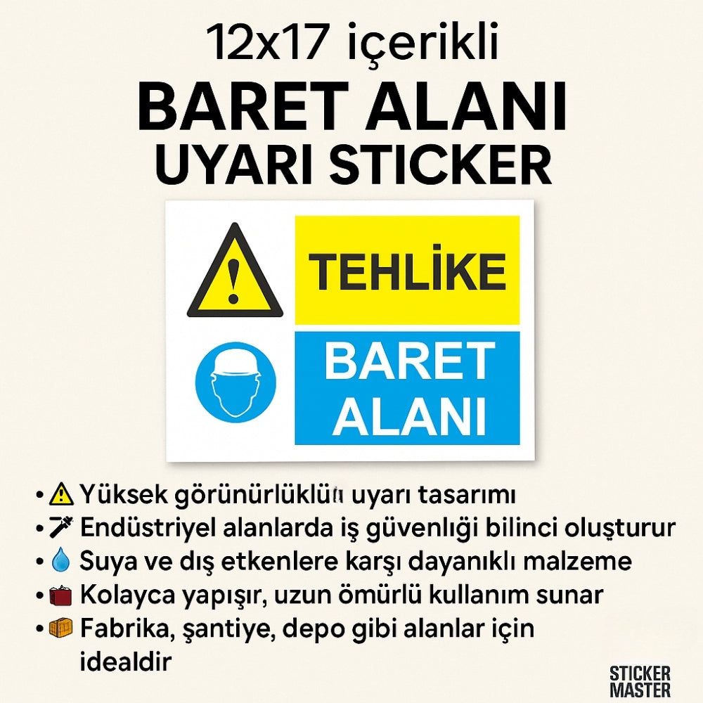 Sticker Master Tehlike Baret Alanı Uyarı Stickerı 12x17 cm – İş Güvenliği Etiketi