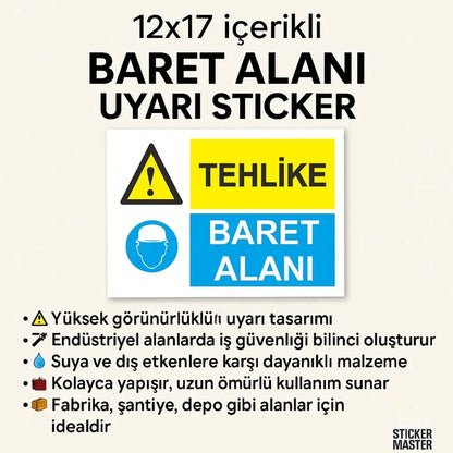 Sticker Master Tehlike Baret Alanı Uyarı Stickerı 12x17 cm – İş Güvenliği Etiketi - Sticker Master