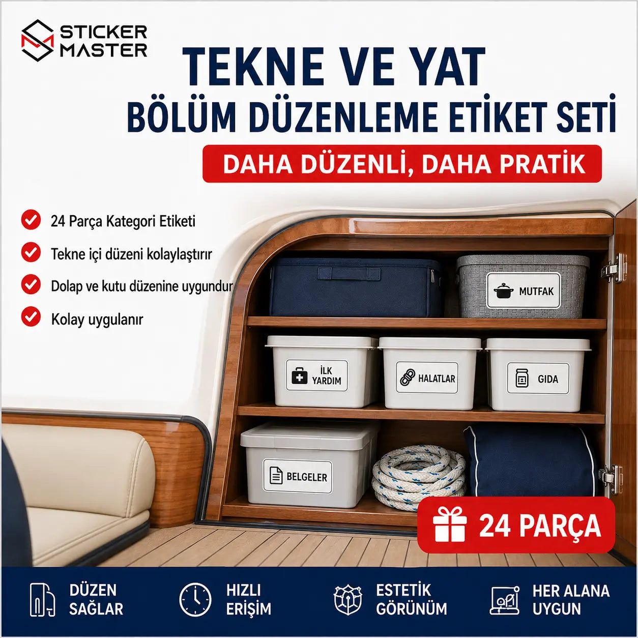 Tekne ve Yat Bolum Duzenleme Etiket Seti 24 Parca ads