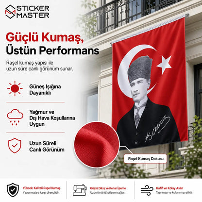 Turk Bayragi Ataturk Posterli Rasel Turk Bayragi | Hediye Ataturk Sticker kumas dokusu