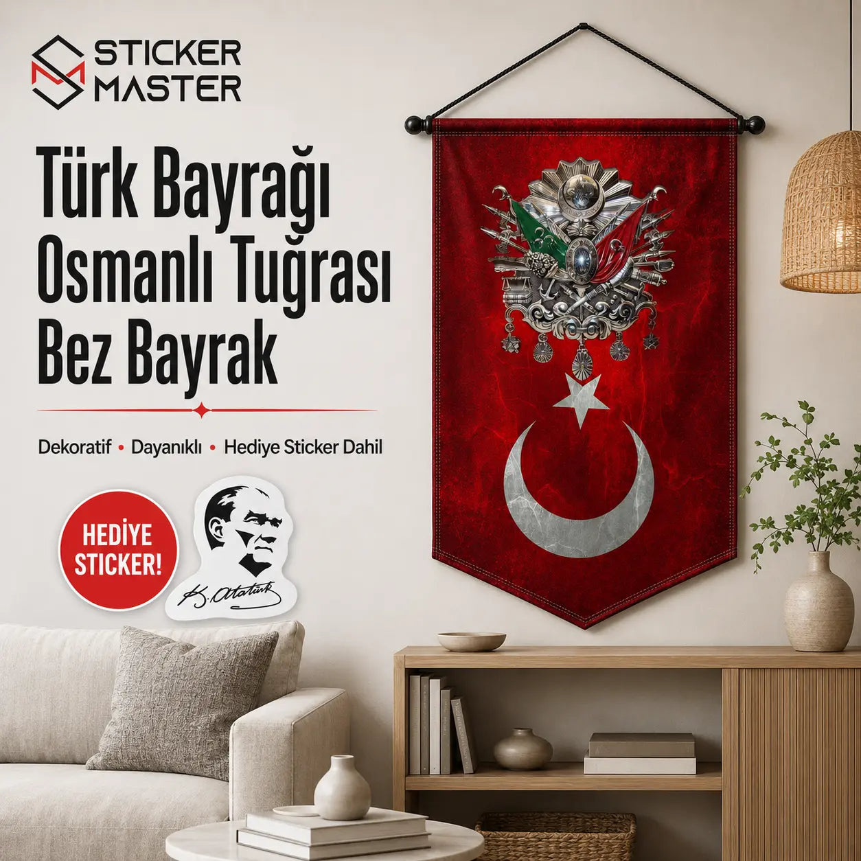 Turk Bayragi Osmanli Tugrasi Dayanikli Bez Bayrak | Hediye Ataturk Sticker detay
