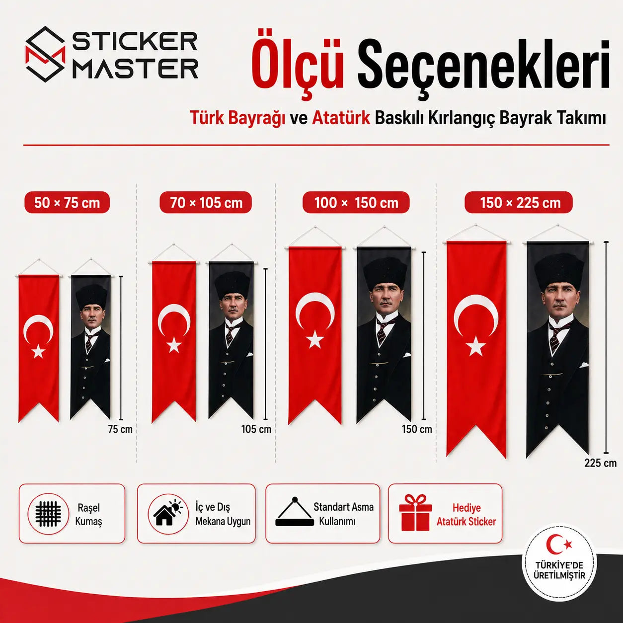 Turk Bayragi ve Ataturk Kirlangic Bayrak Takimi | Hediye Ataturk Sticker boyutlar