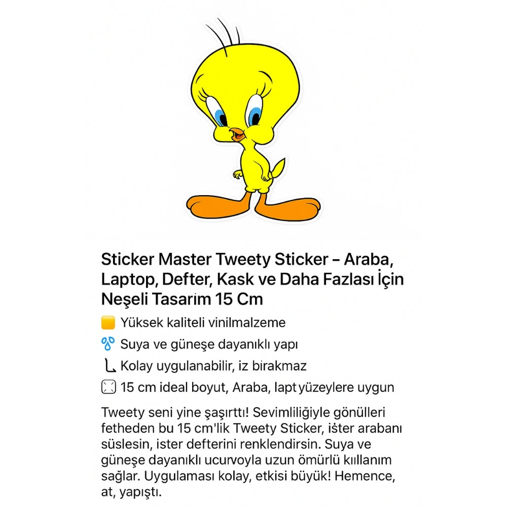 Sticker Master Tweety Sticker – Araba, Laptop, Defter, Kask ve Daha Fazlası İçin Neşeli Tasarım 15 Cm