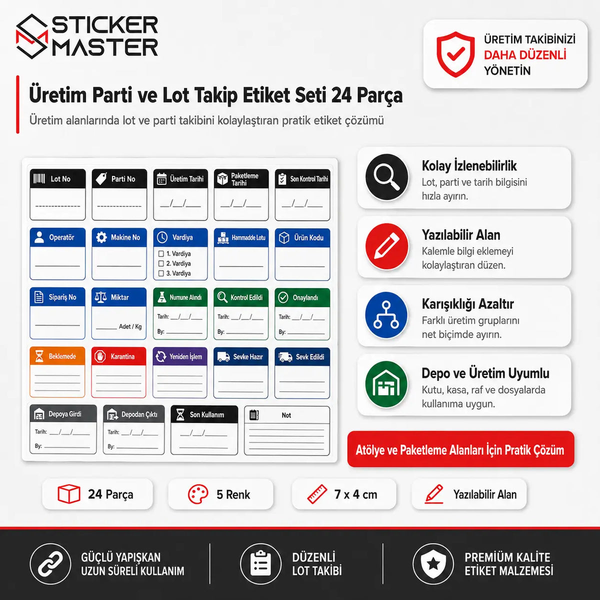 Uretim Parti ve Lot Takip Etiket Seti 24 Parca  icerik