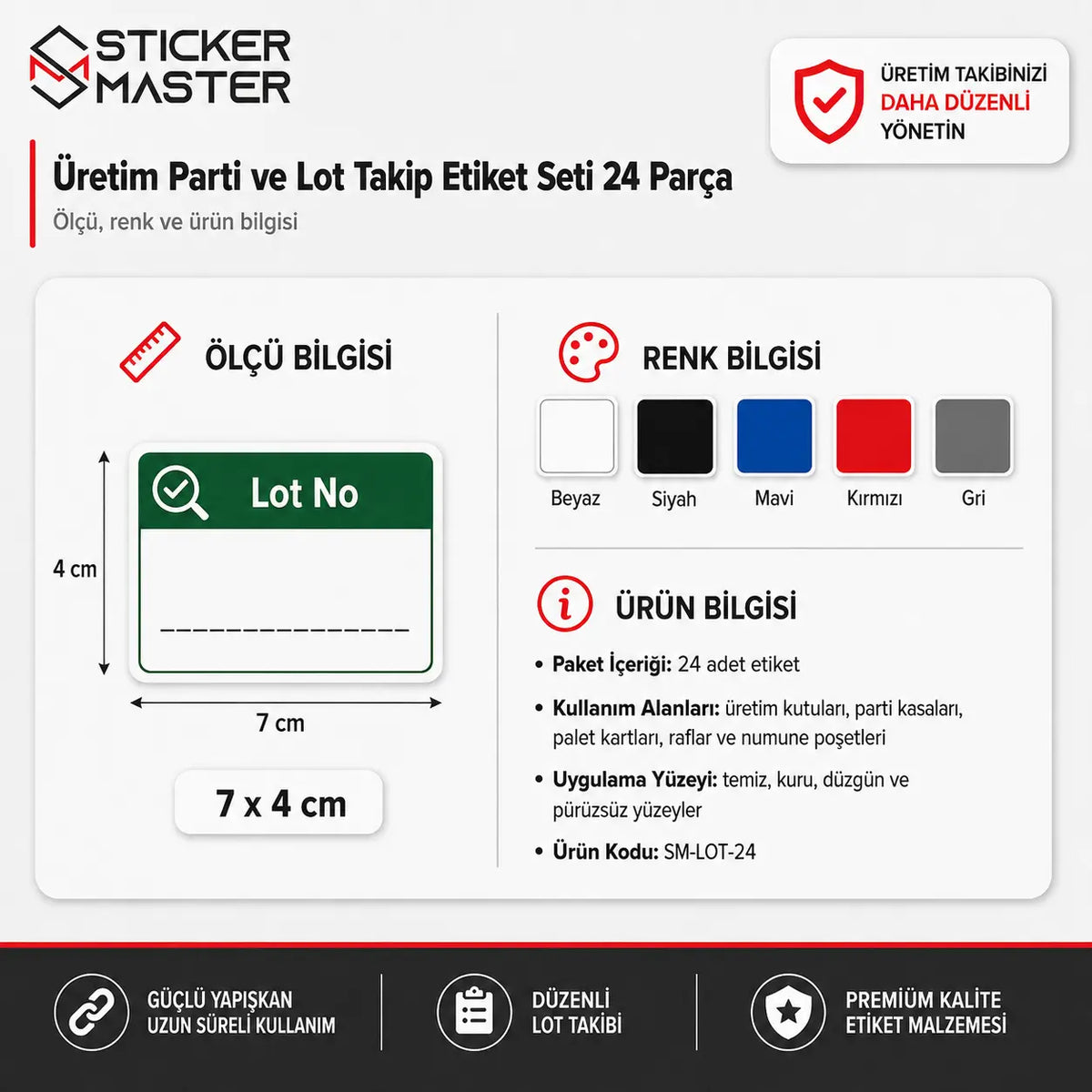 Uretim Parti ve Lot Takip Etiket Seti 24 Parca olcu