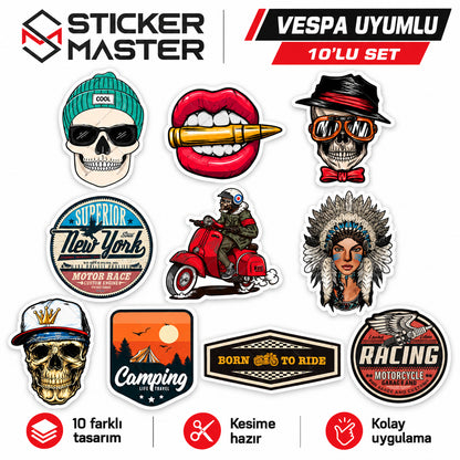 Vespa uyumlu küçük boy 10’lu dekoratif sticker setinin on farklı tasarımı