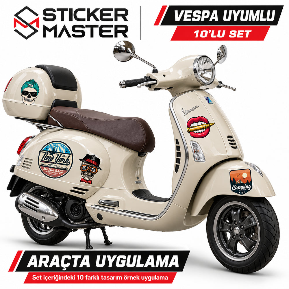 Vespa scooter üzerinde küçük boy 10’lu sticker setinin örnek uygulaması