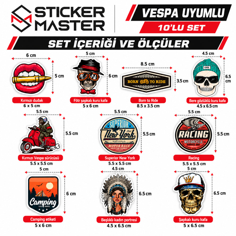 Vespa uyumlu küçük boy 10’lu sticker setindeki tasarımlar ve görselde belirtilen ölçüleri