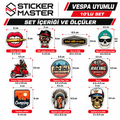 Vespa uyumlu küçük boy 10’lu sticker setindeki tasarımlar ve görselde belirtilen ölçüleri