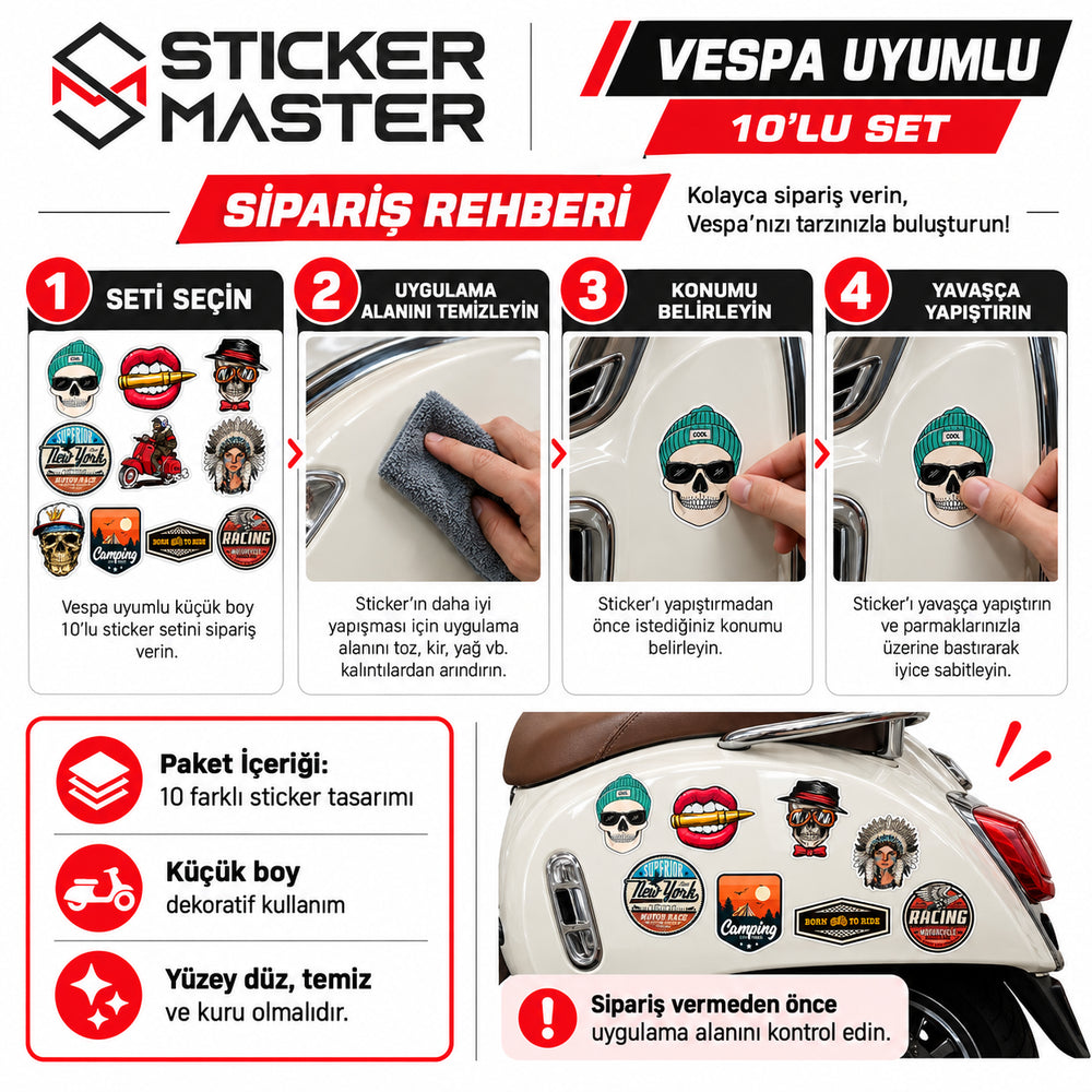 Vespa küçük boy 10’lu sticker seti sipariş, yüzey temizliği ve yapıştırma rehberi