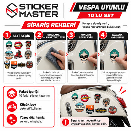 Vespa küçük boy 10’lu sticker seti sipariş, yüzey temizliği ve yapıştırma rehberi