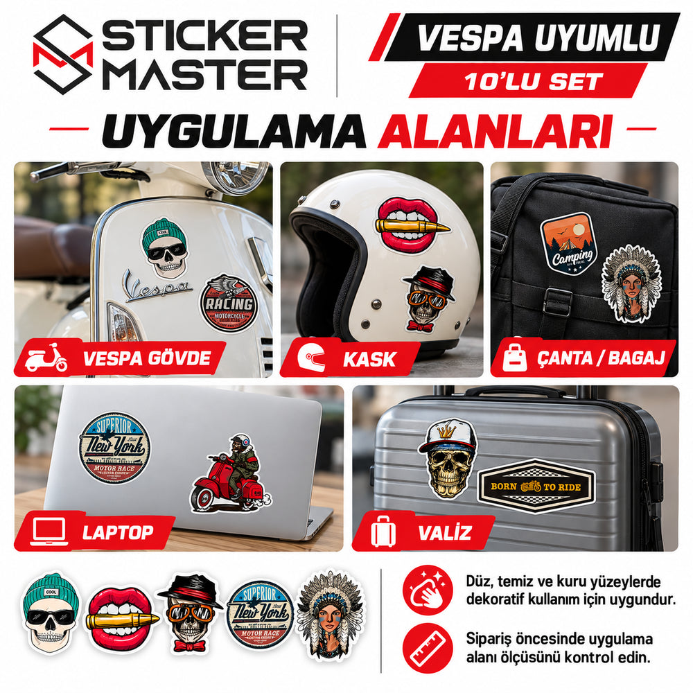 Vespa gövdesi, kask, çanta, laptop ve valiz üzerinde dekoratif sticker kullanım örnekleri