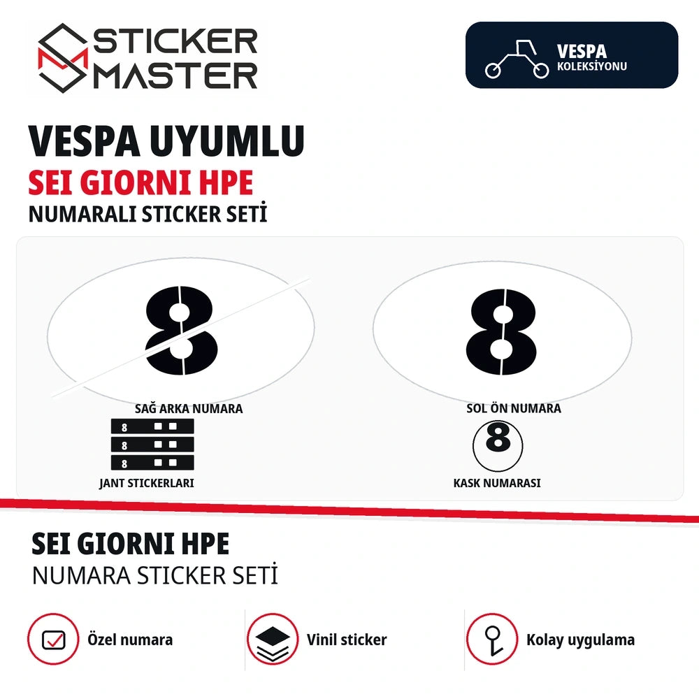 Vespa Sei Giorni HPE numaralı sticker seti, 8 numaralı gövde, jant ve kask sticker parçaları