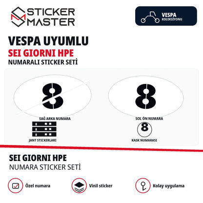 Vespa Sei Giorni HPE numaralı sticker seti, 8 numaralı gövde, jant ve kask sticker parçaları