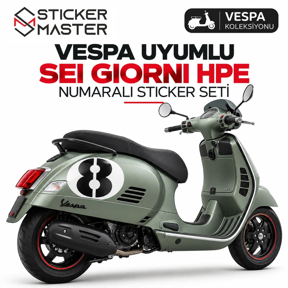 Vespa Sei Giorni HPE scooter yan gövdesinde 8 numara sticker uygulama örneği