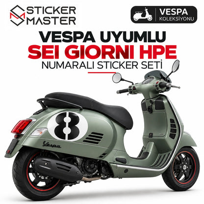 Vespa Sei Giorni HPE scooter yan gövdesinde 8 numara sticker uygulama örneği