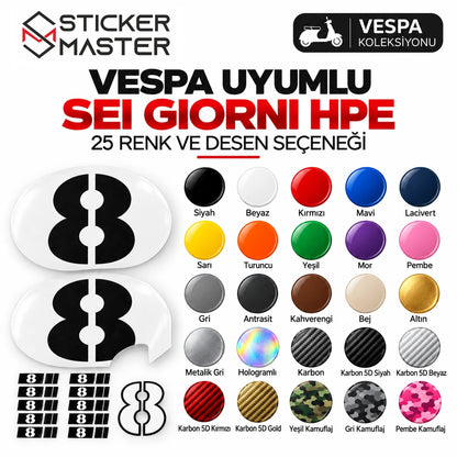 Vespa Sei Giorni HPE numara sticker seti 25 renk ve desen örneği