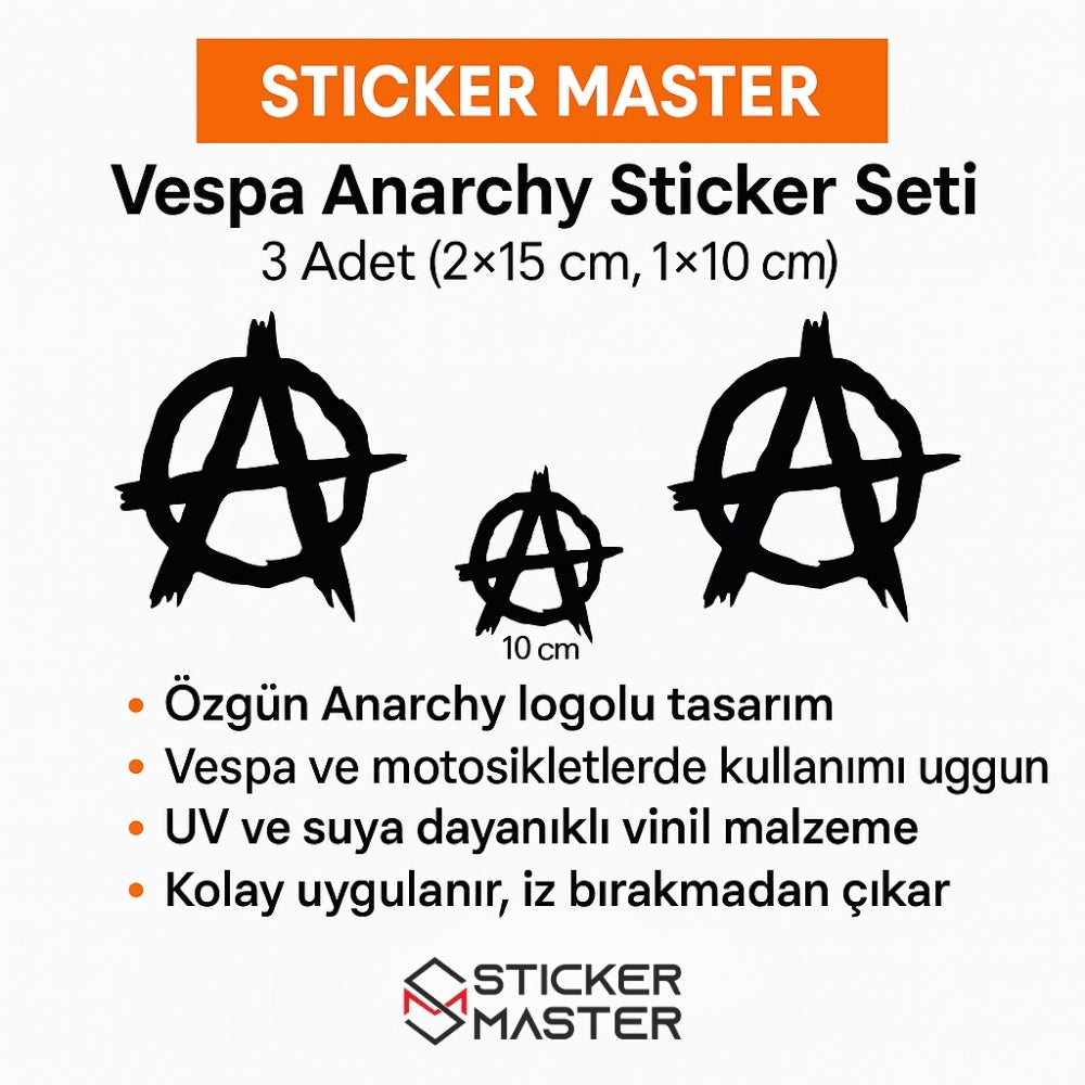 Sticker Master Vespa Anarchy Set Motor, Kask, Laptop, Araba, Oto Araç İçin Dayanıklı Etiket Decal