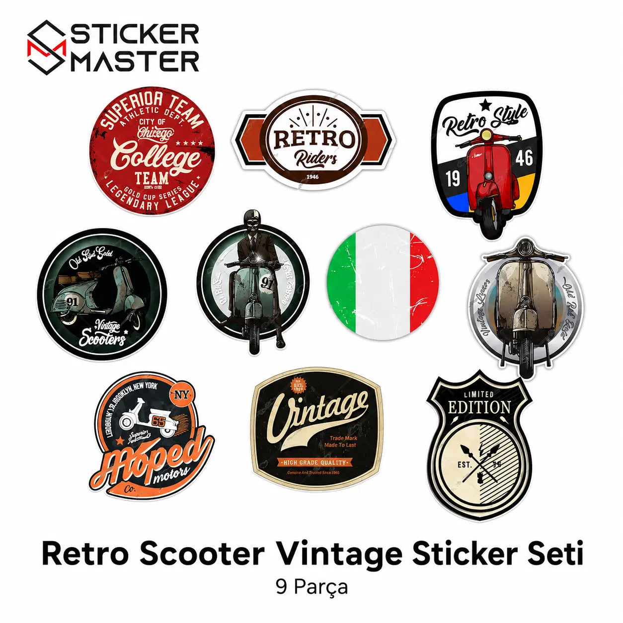 Vespa Uyumlu BDLS27 Küçük Boy 10lu Sticker Seti ölçü, renk ve ürün bilgisi - Ürün seçeneklerine göre hazırlanır - Sticker Master