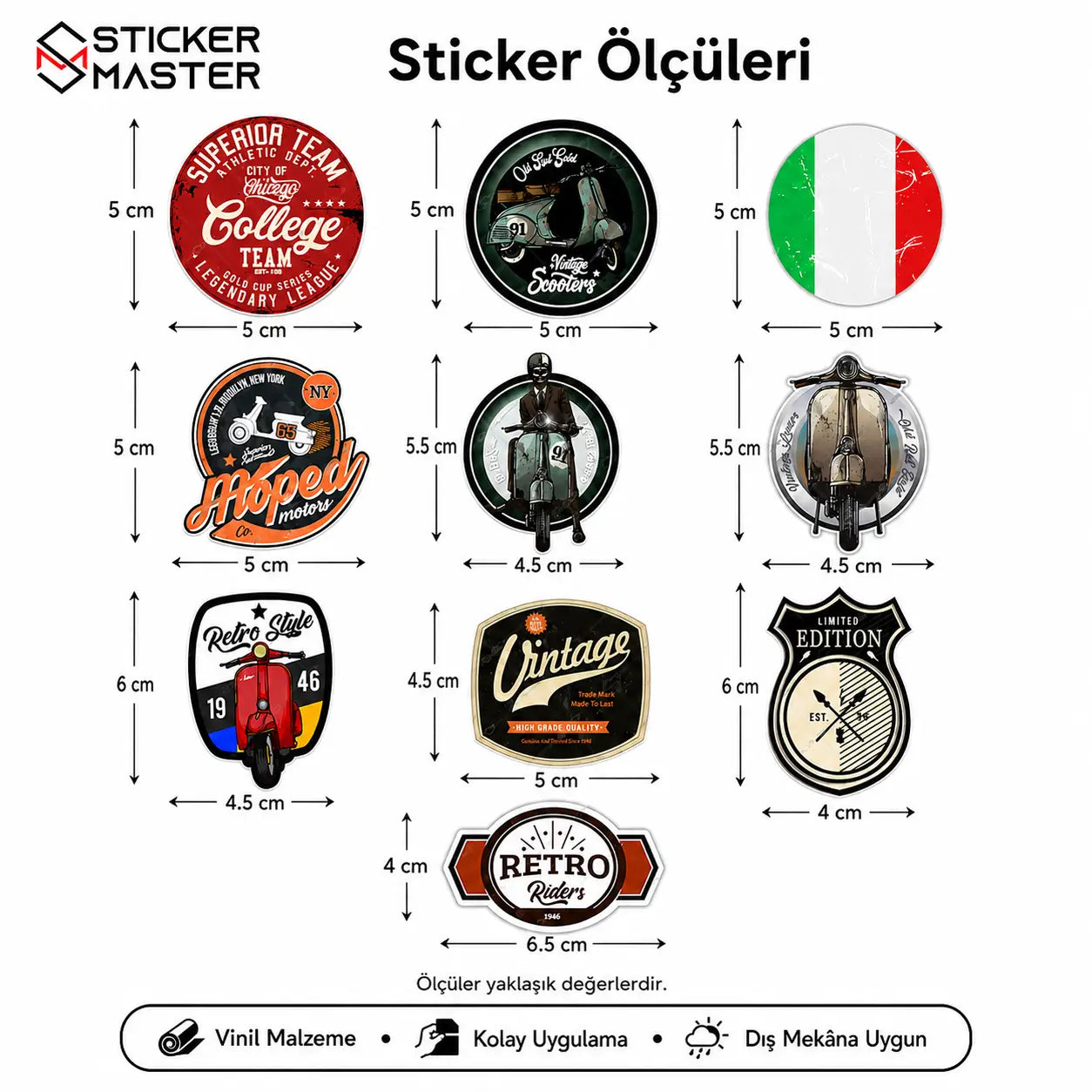 Vespa Uyumlu BDLS27 Küçük Boy 10lu Sticker Seti -03