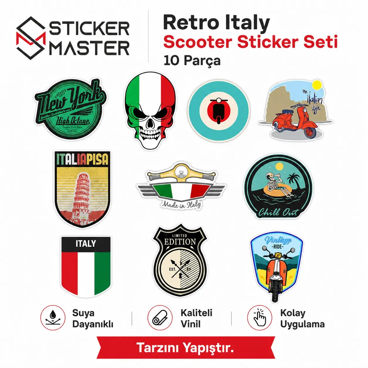 Vespa Uyumlu Küçük Boy 10lu Sticker Seti-0003