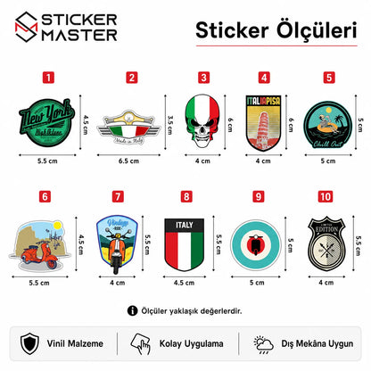 Vespa Uyumlu Küçük Boy 10lu Sticker Seti-0004