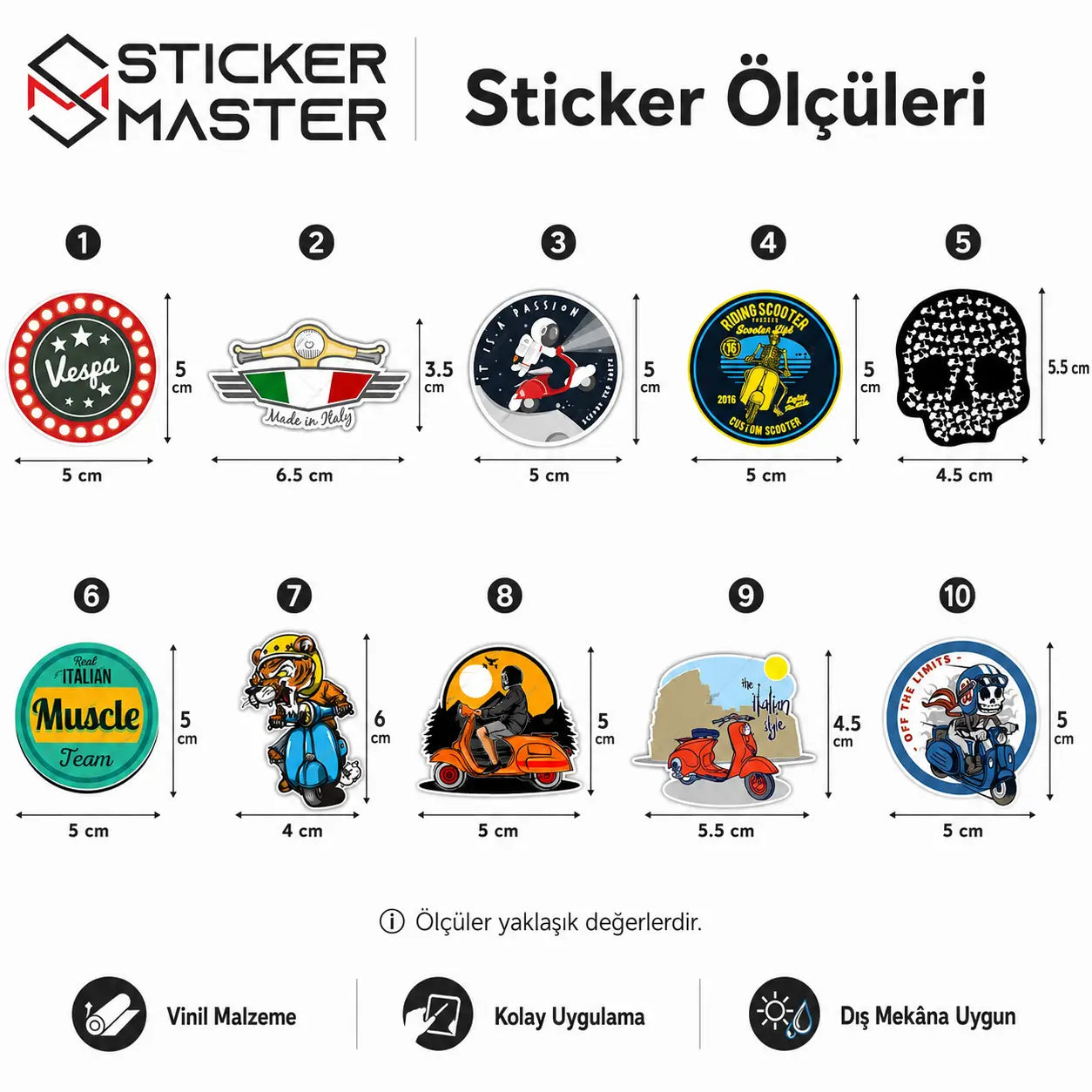 Vespa Uyumlu Küçük Boy 10lu Sticker Seti-002