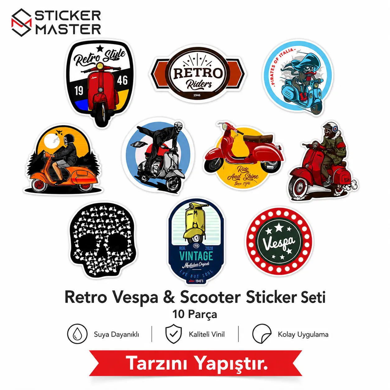 Vespa Uyumlu Küçük Boy 10lu Sticker Seti-01