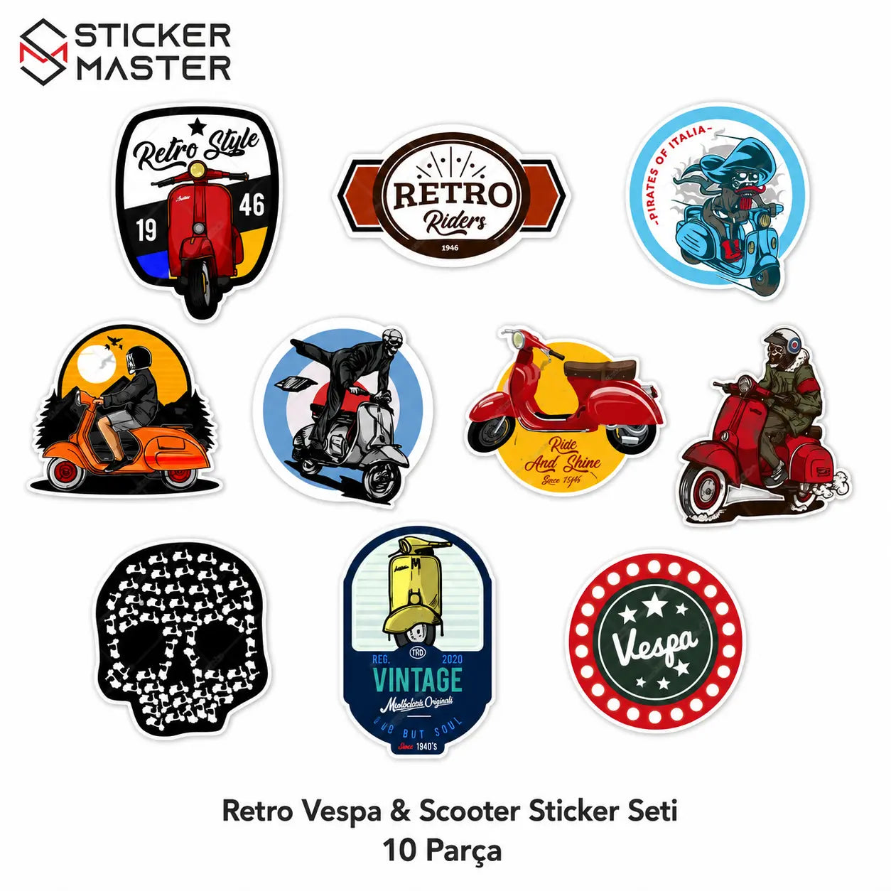 Vespa Uyumlu Küçük Boy 10lu Sticker Seti-02
