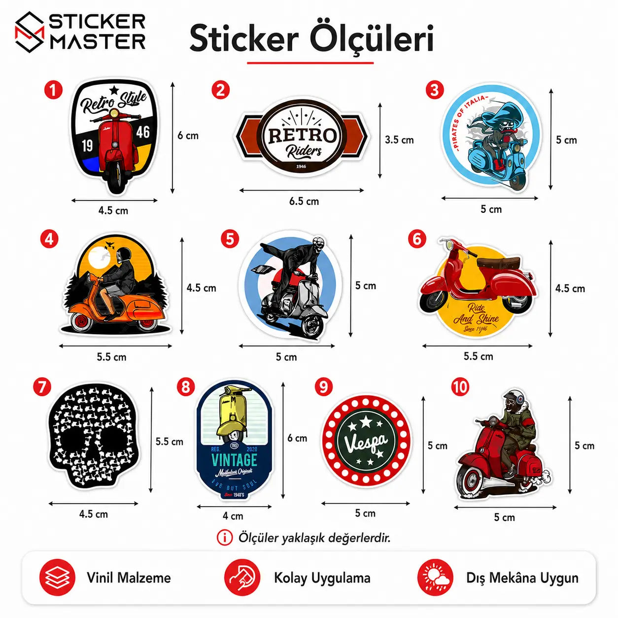 Vespa Uyumlu Küçük Boy 10lu Sticker Seti-ölçü