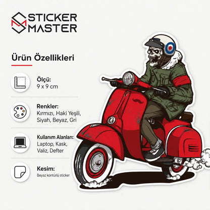 Vespa Uyumlu Kırmızı Scooterli Kurukafa Sticker VSP25 | Sticker Master ölçü