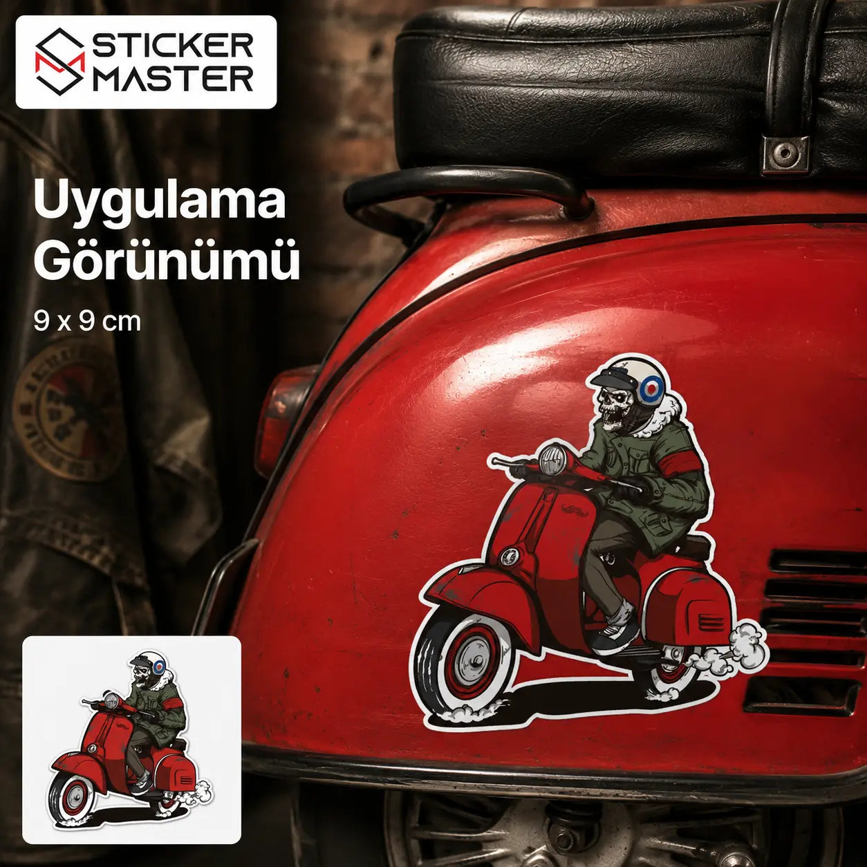 Vespa Uyumlu Kırmızı Scooterli Kurukafa Sticker VSP25 | Sticker Master mockup