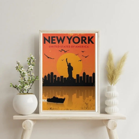 Sticker Master Vintage New York Şehir Manzarası Çerçeveli Poster, Özgürlük Heykeli ve Gün Batımı, Tu