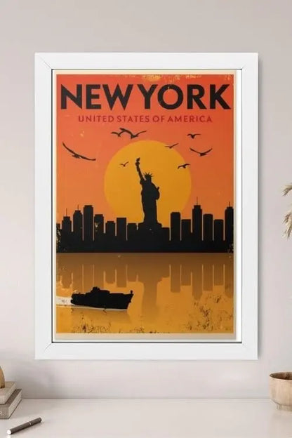 Sticker Master Vintage New York Şehir Manzarası Çerçeveli Poster, Özgürlük Heykeli ve Gün Batımı, Tu