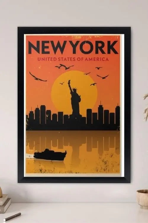 Sticker Master Vintage New York Şehir Manzarası Çerçeveli Poster, Özgürlük Heykeli ve Gün Batımı, Tu