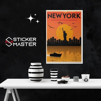 Sticker Master Vintage New York Şehir Manzarası Çerçeveli Poster, Özgürlük Heykeli ve Gün Batımı, Tu
