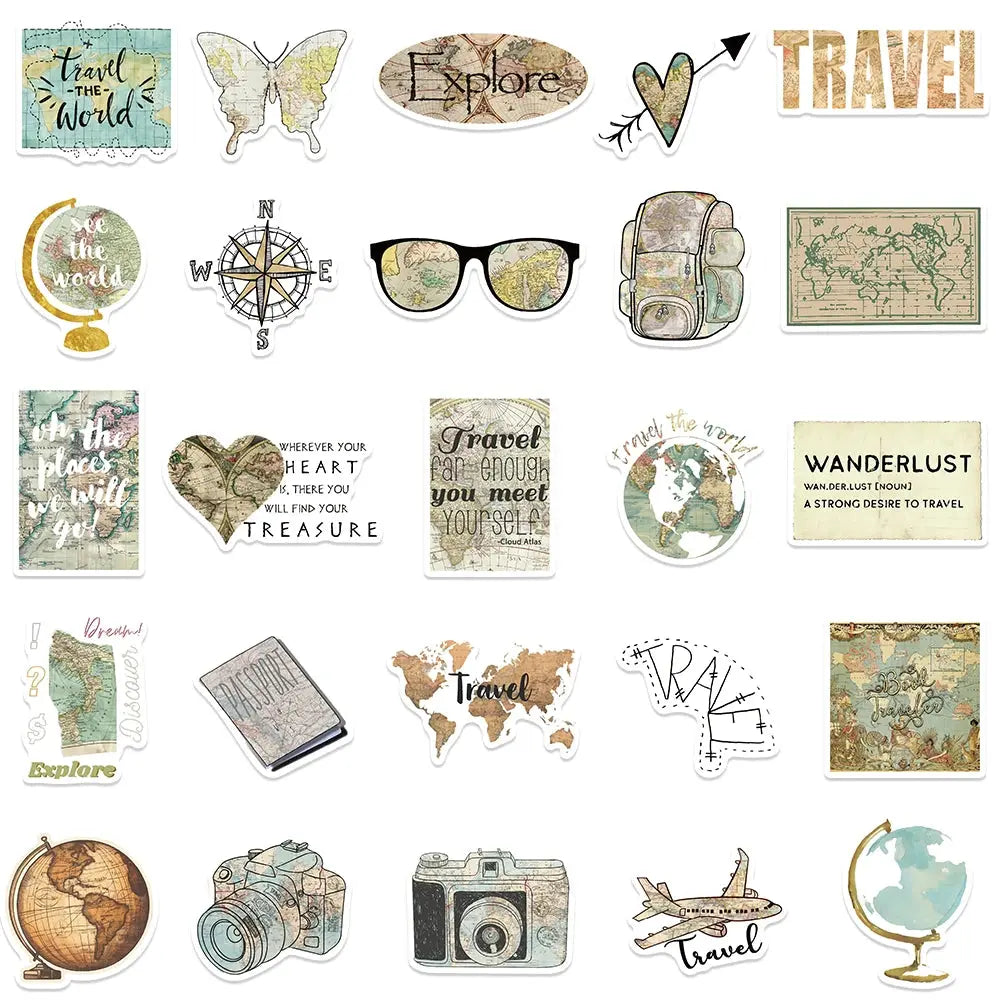 Vintage Seyahat Sticker Seti (50 Adet) Laptop Valiz Etiketi | Sticker Master - Sticker Master