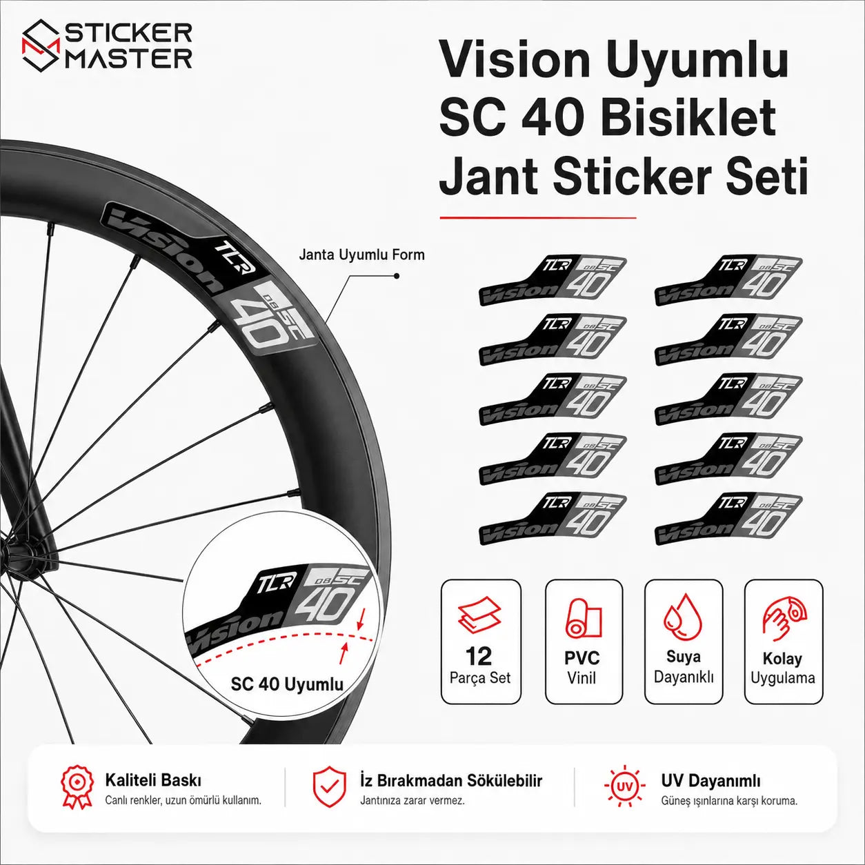 Vision Uyumlu SC 40 Bisiklet Jant Sticker Seti detay