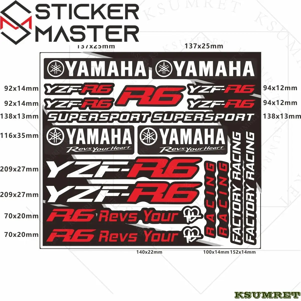 Yamaha R6 Sticker Seti | YZF-R6 ve Supersport Logo Decal Kiti (Su Geçirmez) Sticker Master