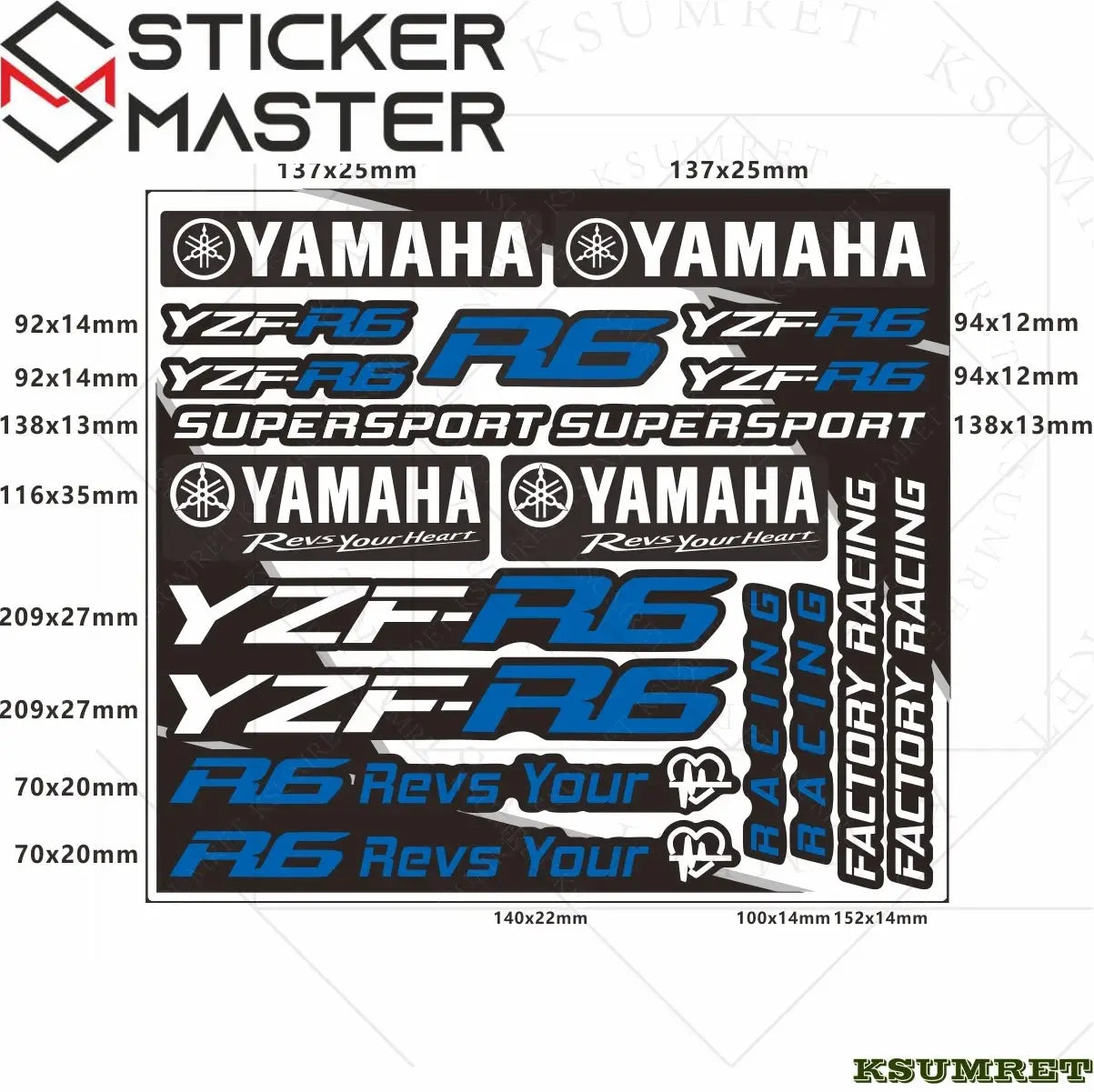 Yamaha R6 Sticker Seti | YZF-R6 ve Supersport Logo Decal Kiti (Su Geçirmez) Sticker Master